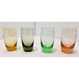 Vtg Crystal Cordial Shot Etched Wheat Glasses Set of 4 Green Orange Peach